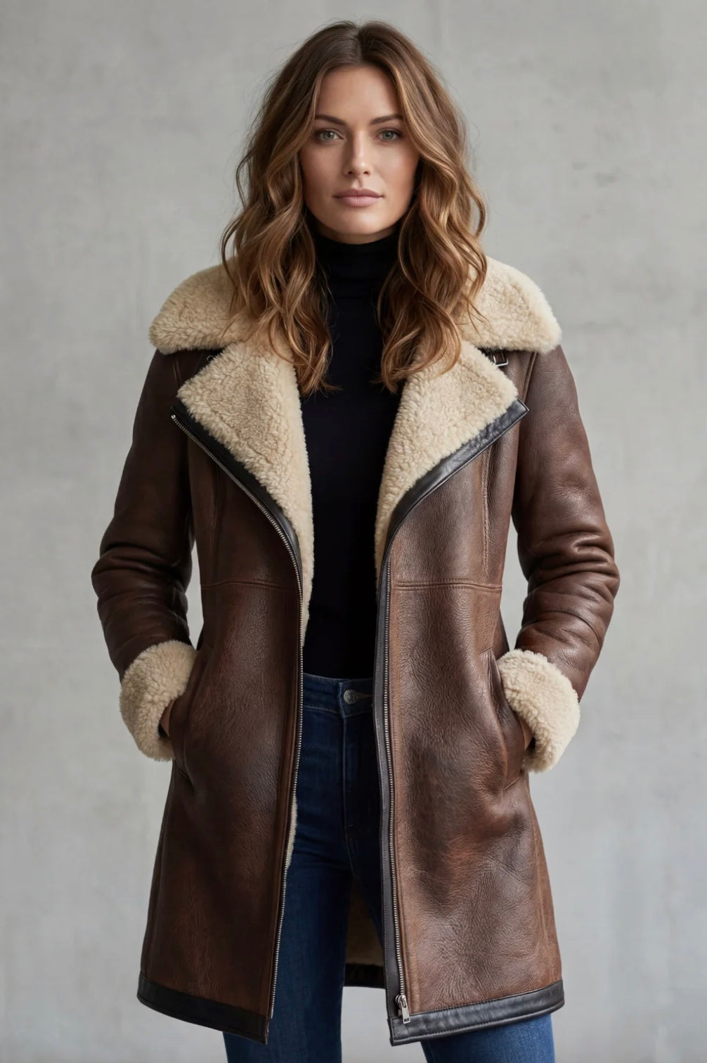 longline zip coat with cream collar, brown - worn view