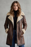 longline zip coat with cream collar, brown - worn view