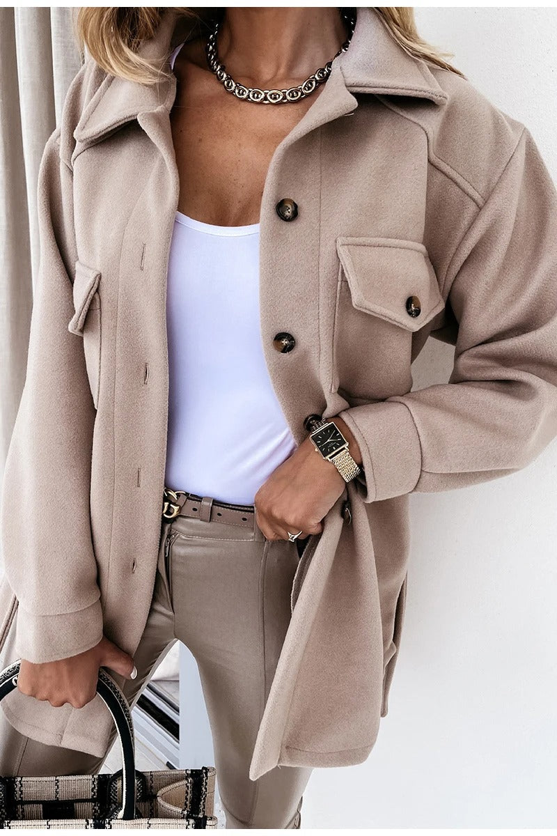 relaxed shirt jacket with flap pockets, beige - worn view