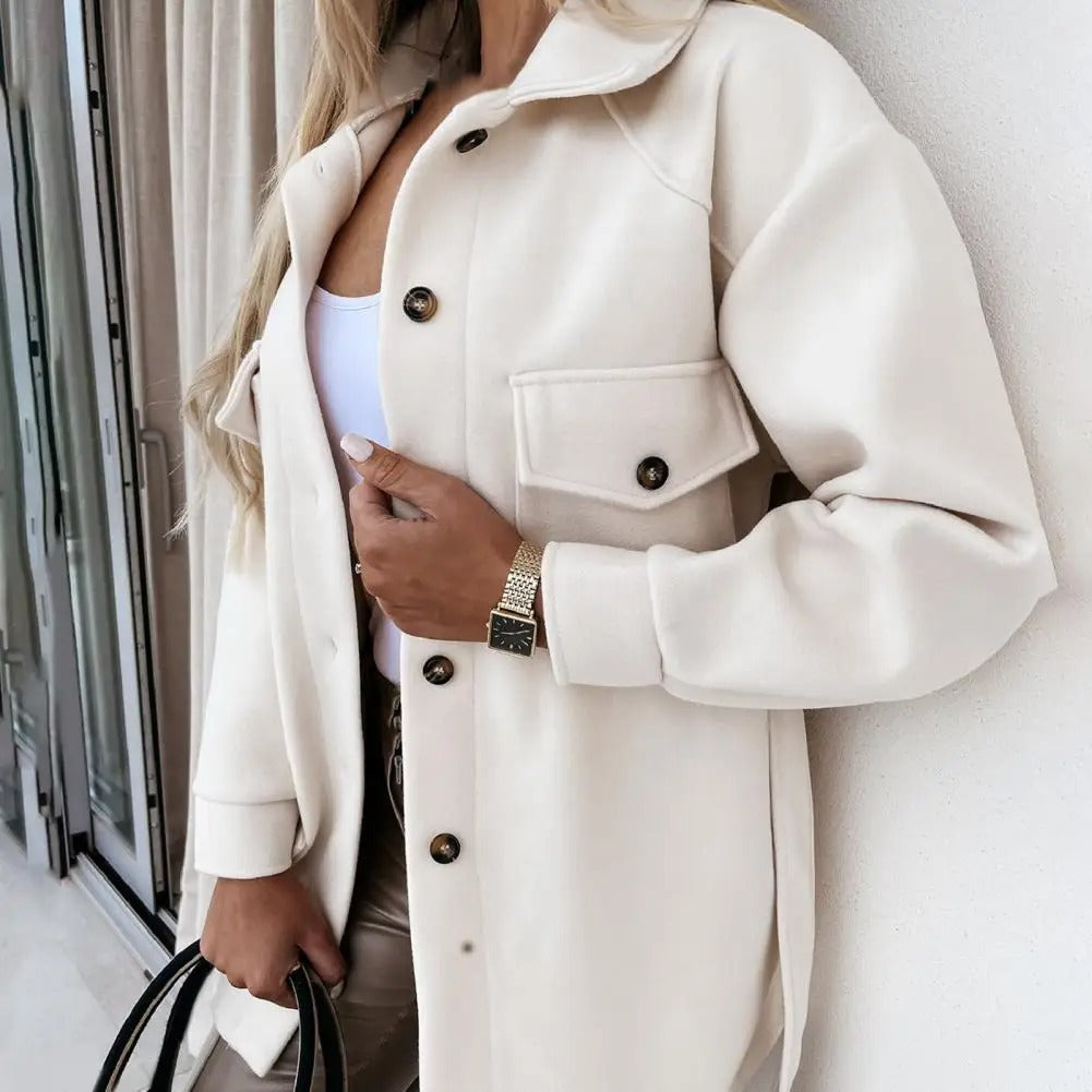 relaxed shirt jacket with flap pockets, cream - worn view