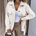 relaxed shirt jacket with flap pockets, cream - worn view
