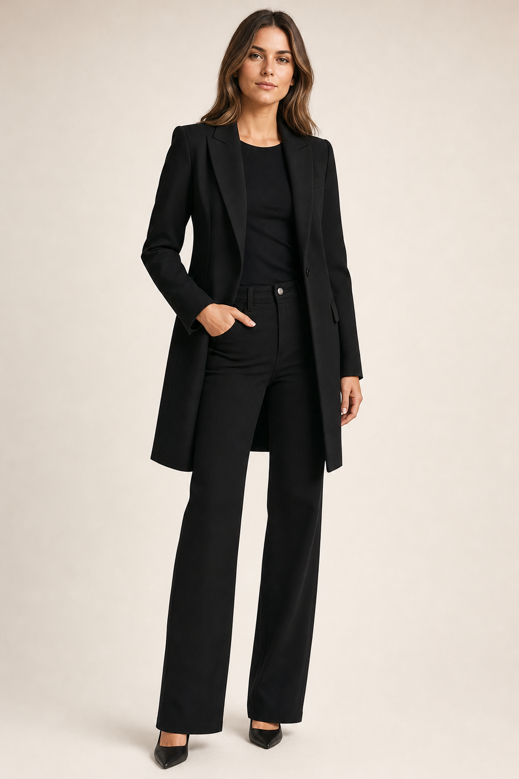 tailored single-breasted coat, black - front view