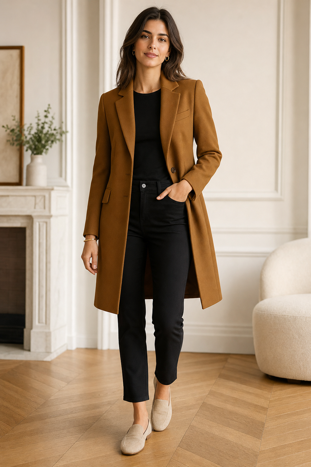 tailored single-breasted coat, brown - worn, full-length view