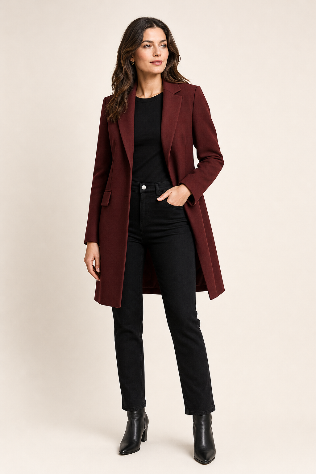 tailored single-breasted coat, burgundy - front view
