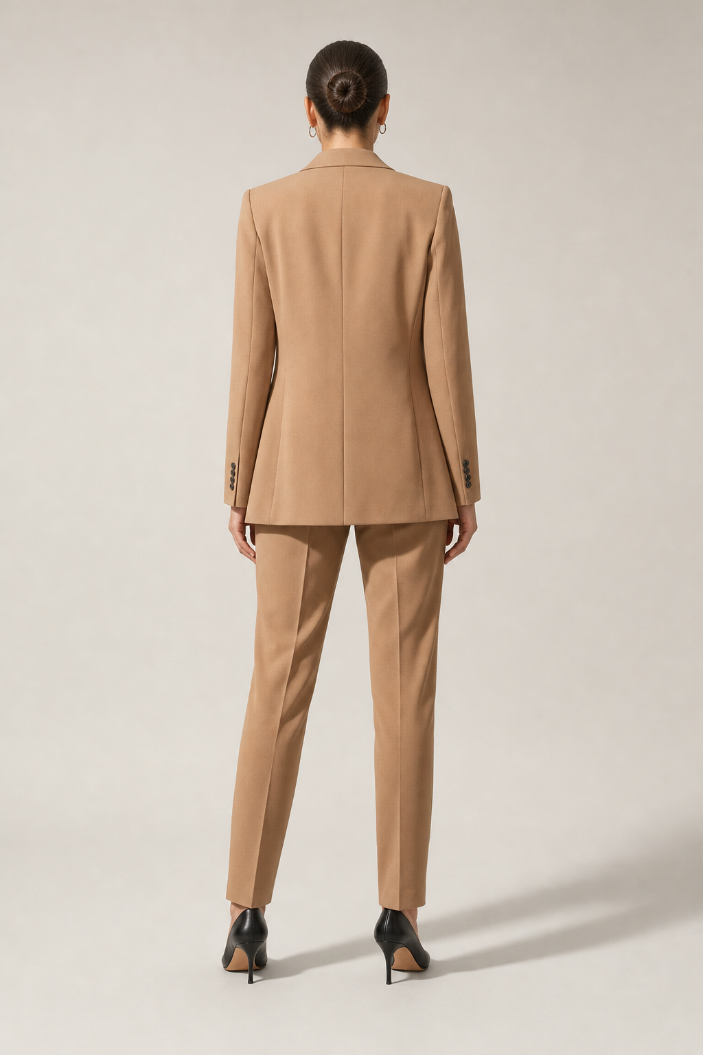 relaxed blazer and straight-leg trouser set, camel - worn, full-length view
