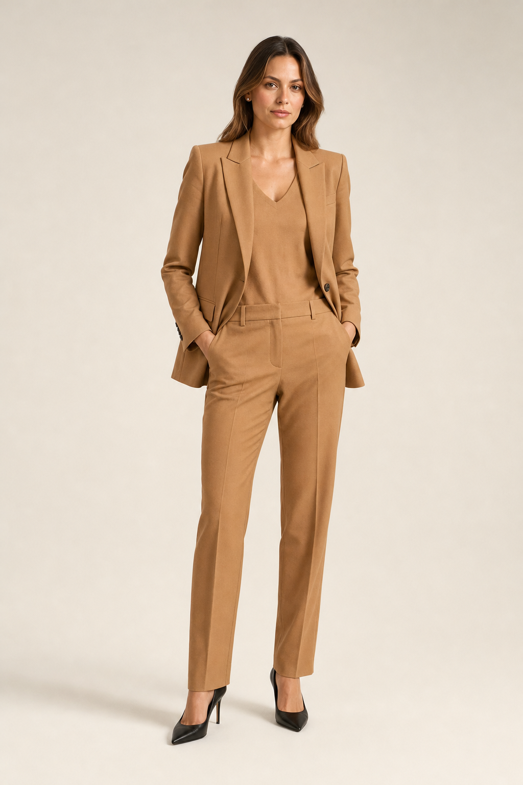 relaxed blazer and straight-leg trouser set, camel - front view