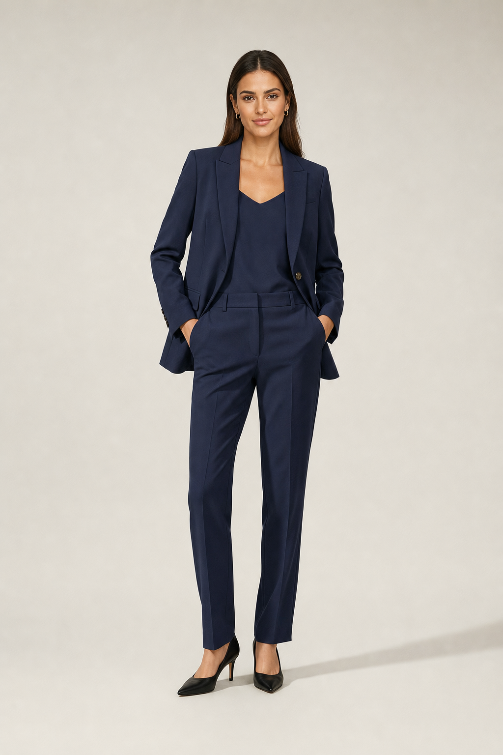 relaxed blazer and straight-leg trouser set, navy - front view