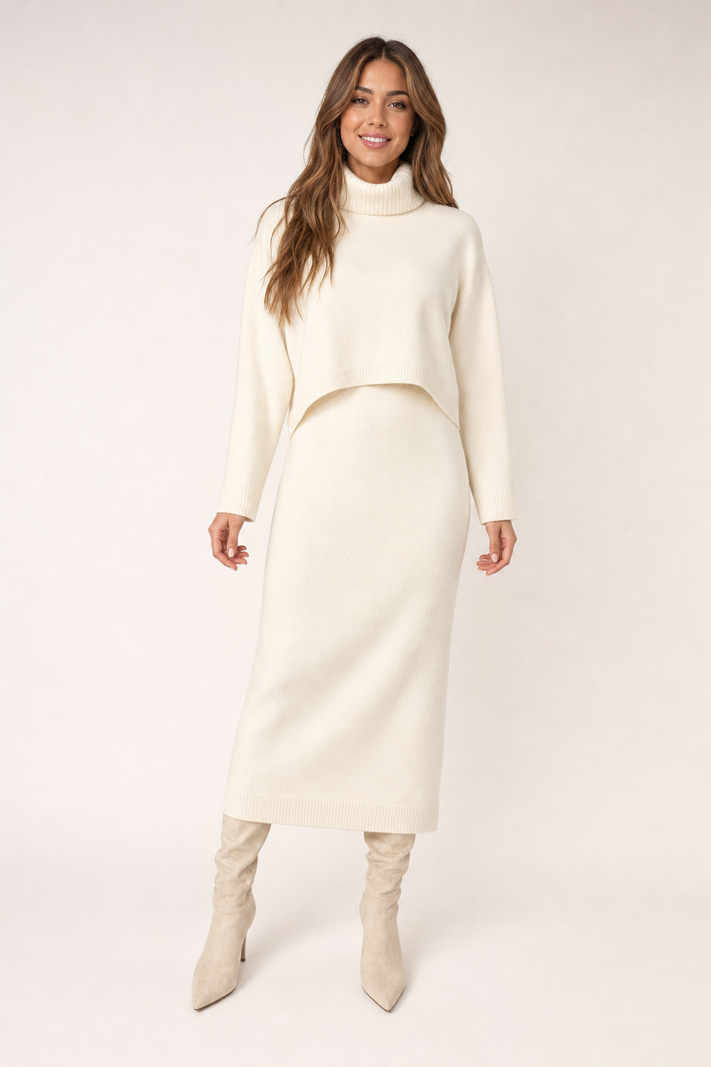 cropped roll neck jumper and midi dress set, cream - front view