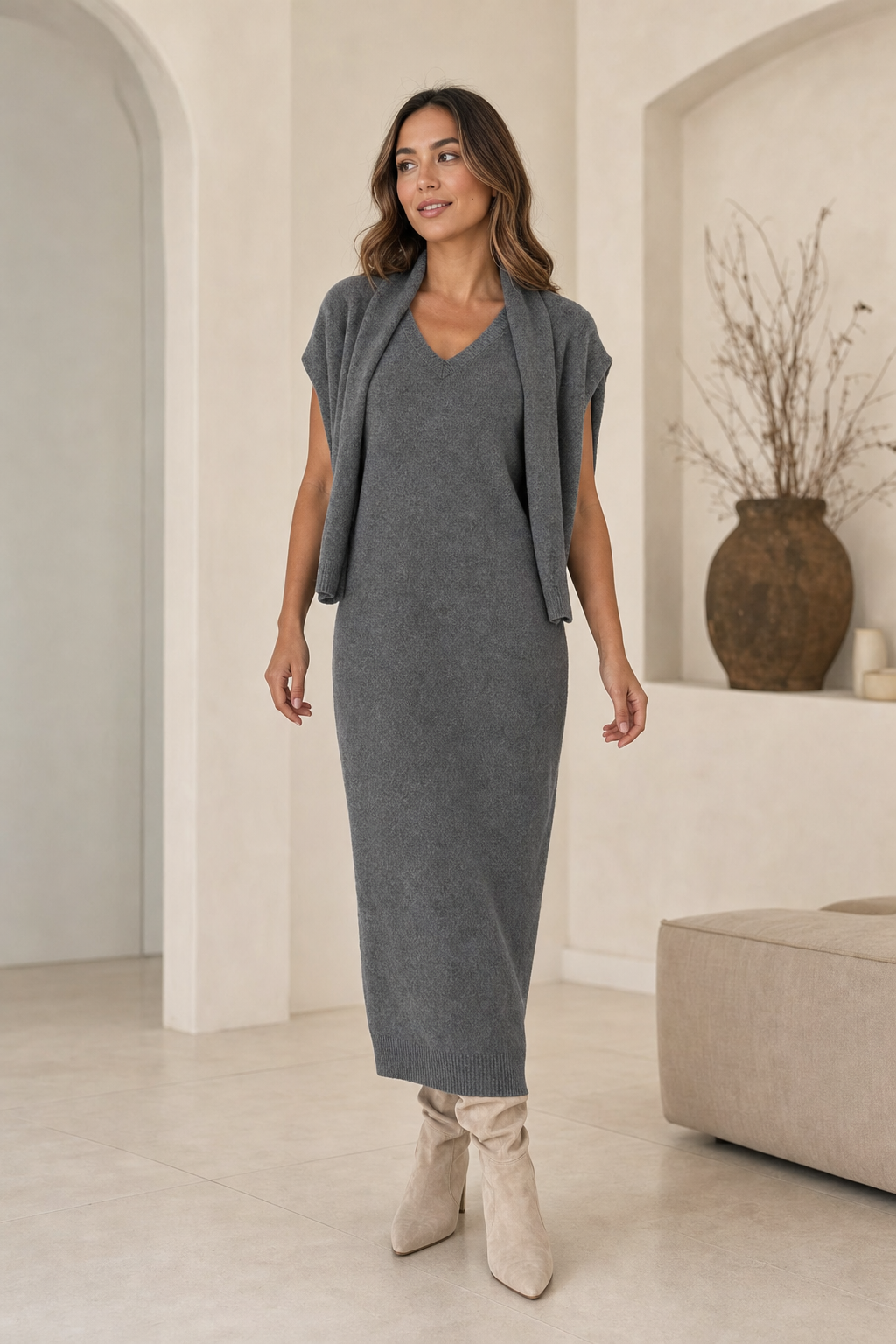cropped roll neck jumper and midi dress set, grey - worn, full-length view