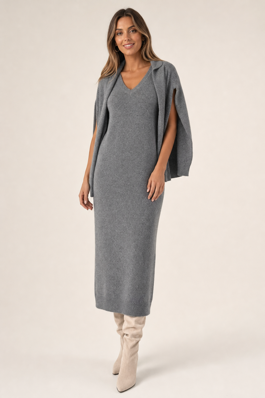 cropped roll neck jumper and midi dress set, grey - front view