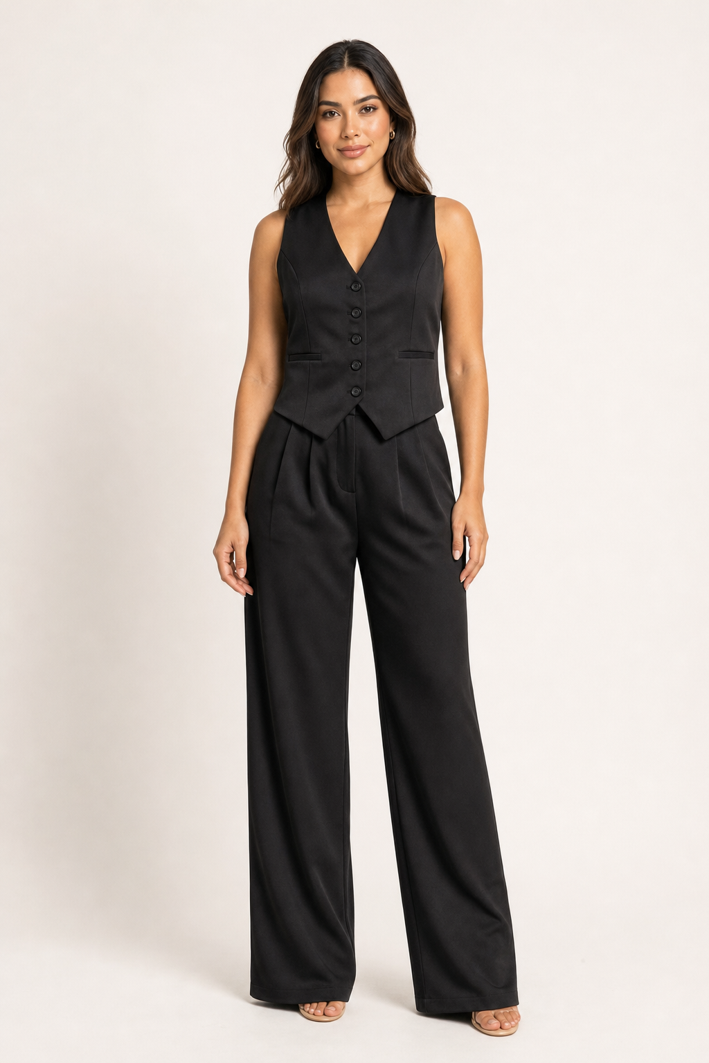 five-button waistcoat and wide-leg trouser set, black - front view