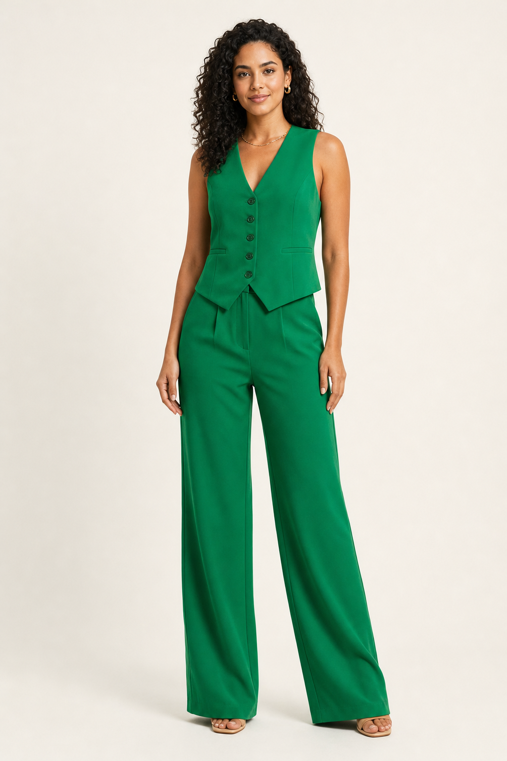 five-button waistcoat and wide-leg trouser set, green - front view