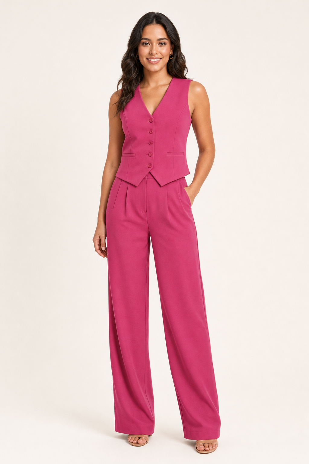 five-button waistcoat and wide-leg trouser set, pink - front view