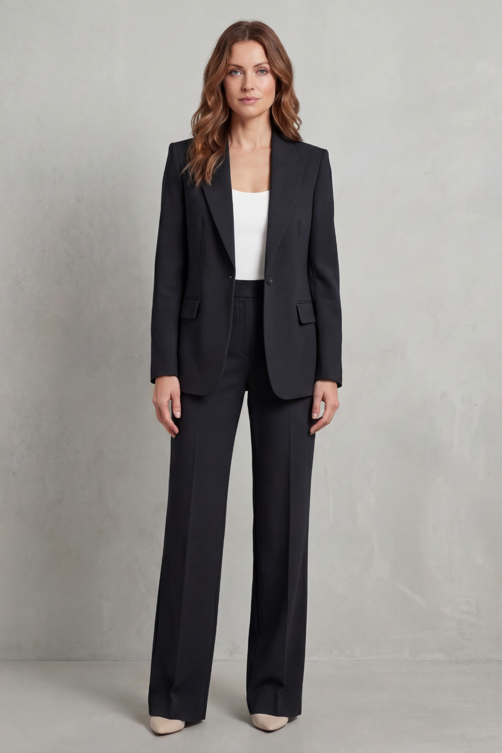 tailored blazer and straight-leg trouser set, black - worn view