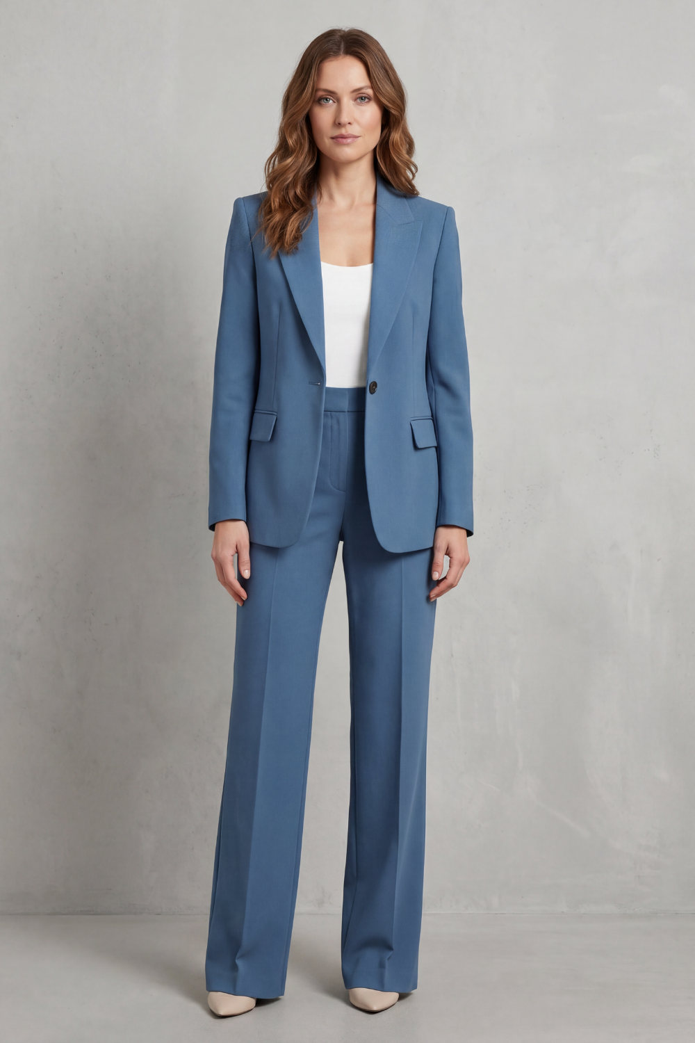 tailored blazer and straight-leg trouser set, blue - worn view