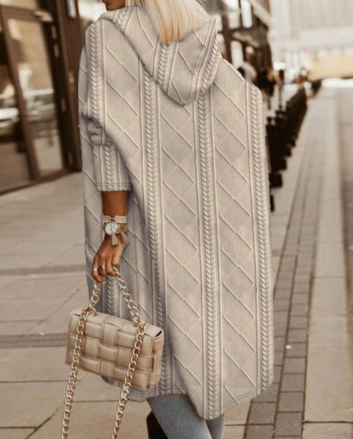 longline hooded cardigan with diamond texture, beige - worn view
