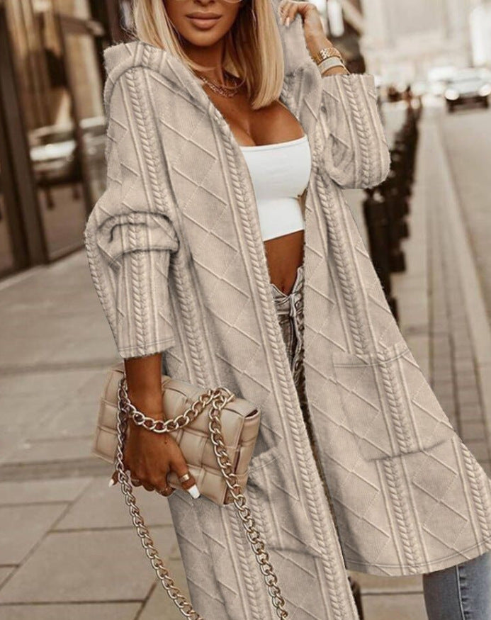 longline hooded cardigan with diamond texture, beige - worn view