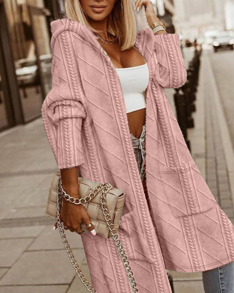 longline hooded cardigan with diamond texture, pink - worn view