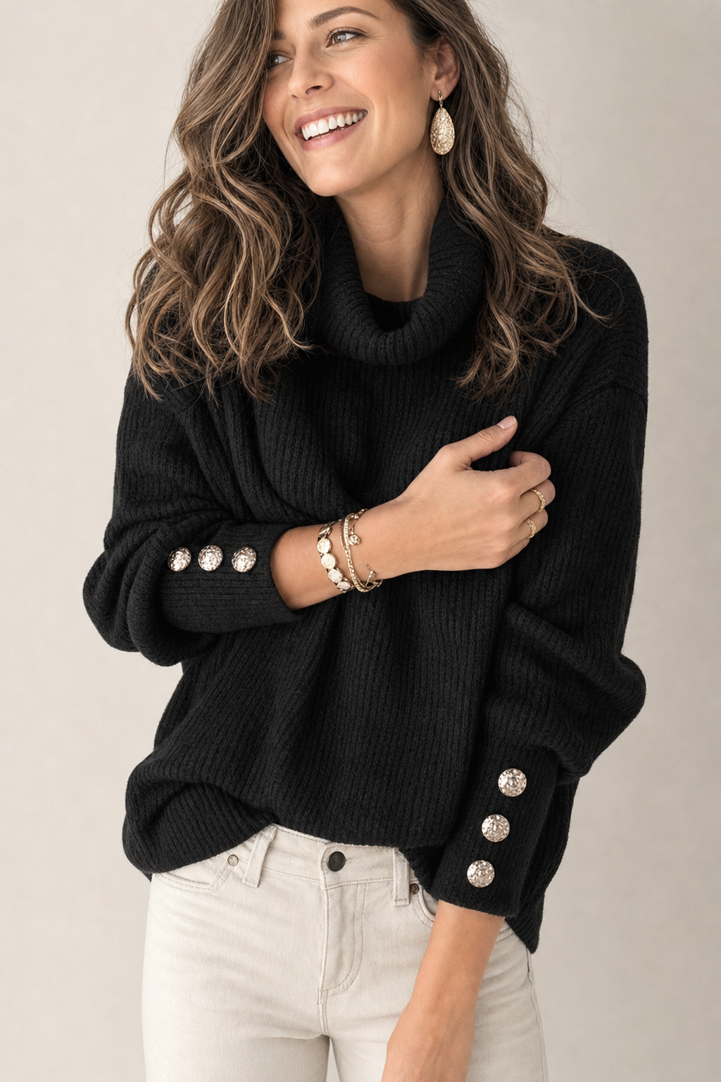 roll neck jumper with button cuffs, black - front view
