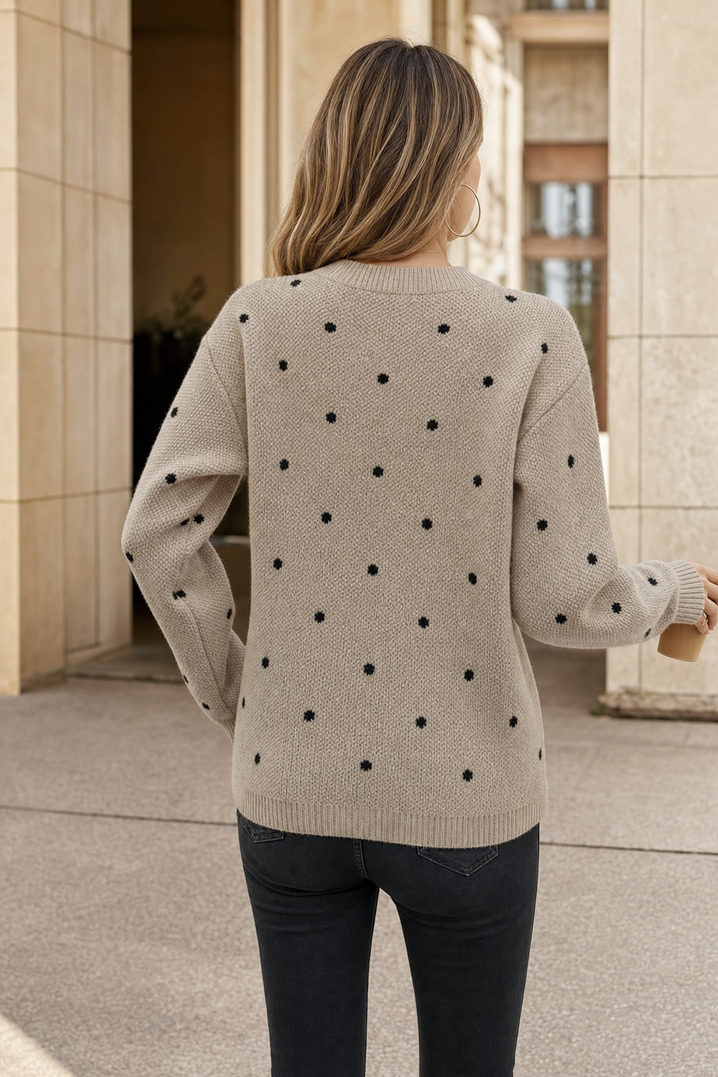 polka dot crew-neck jumper, taupe - worn, full-length view