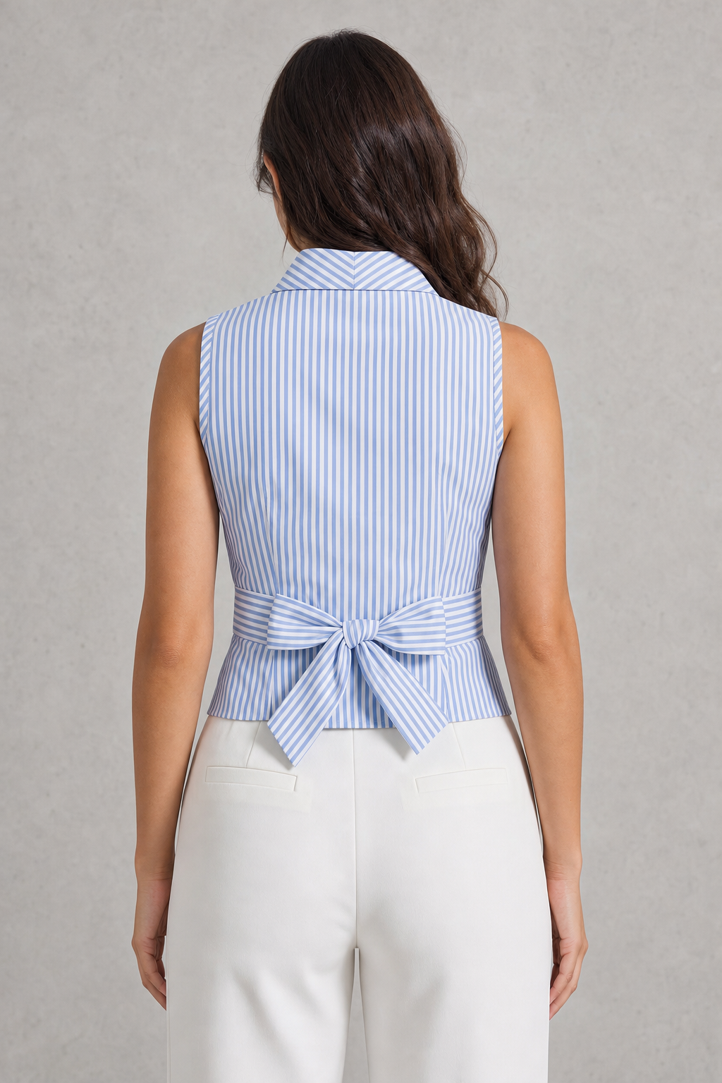 striped sleeveless wrap blouse, blue - worn, full-length view