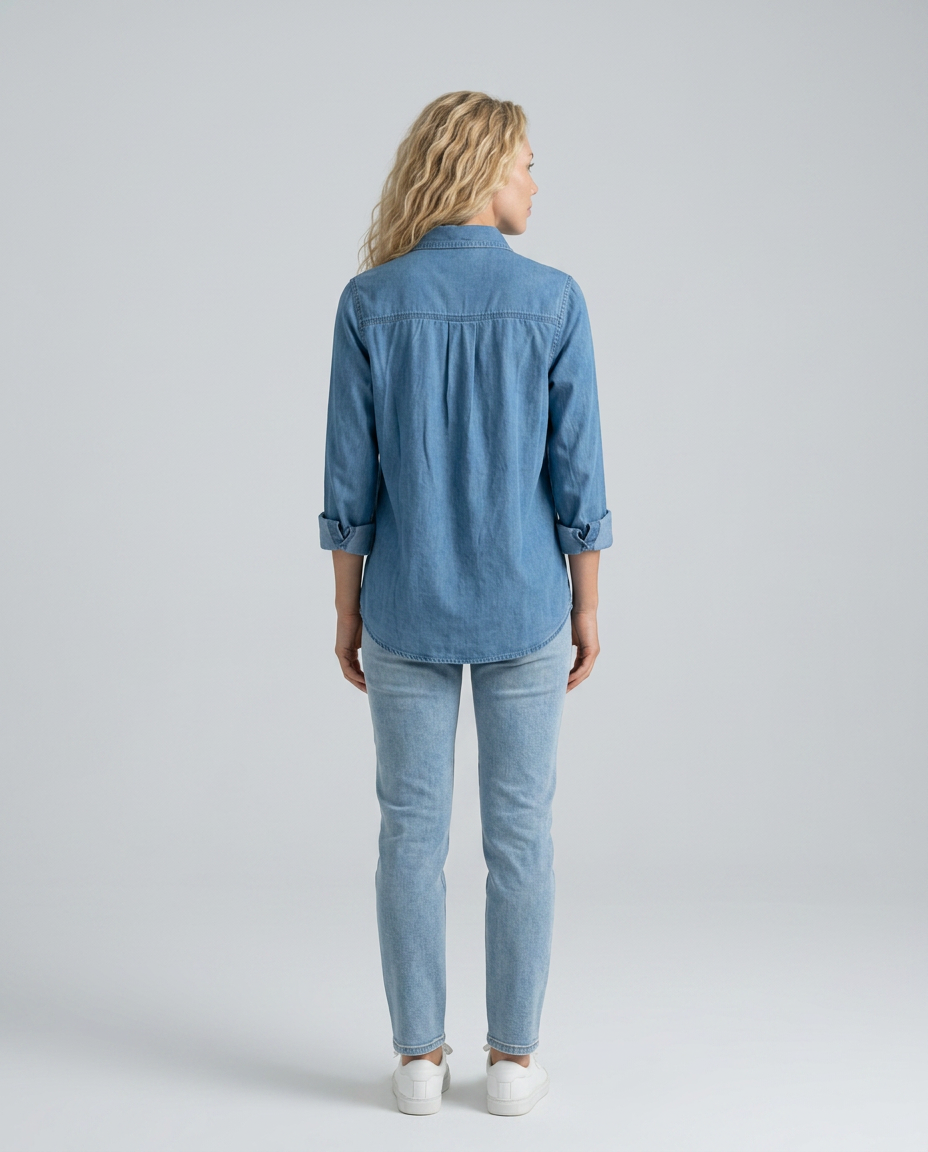 relaxed denim shirt with chest pockets, blue - worn view