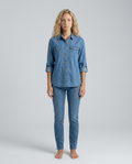 relaxed denim shirt with chest pockets, blue - worn view