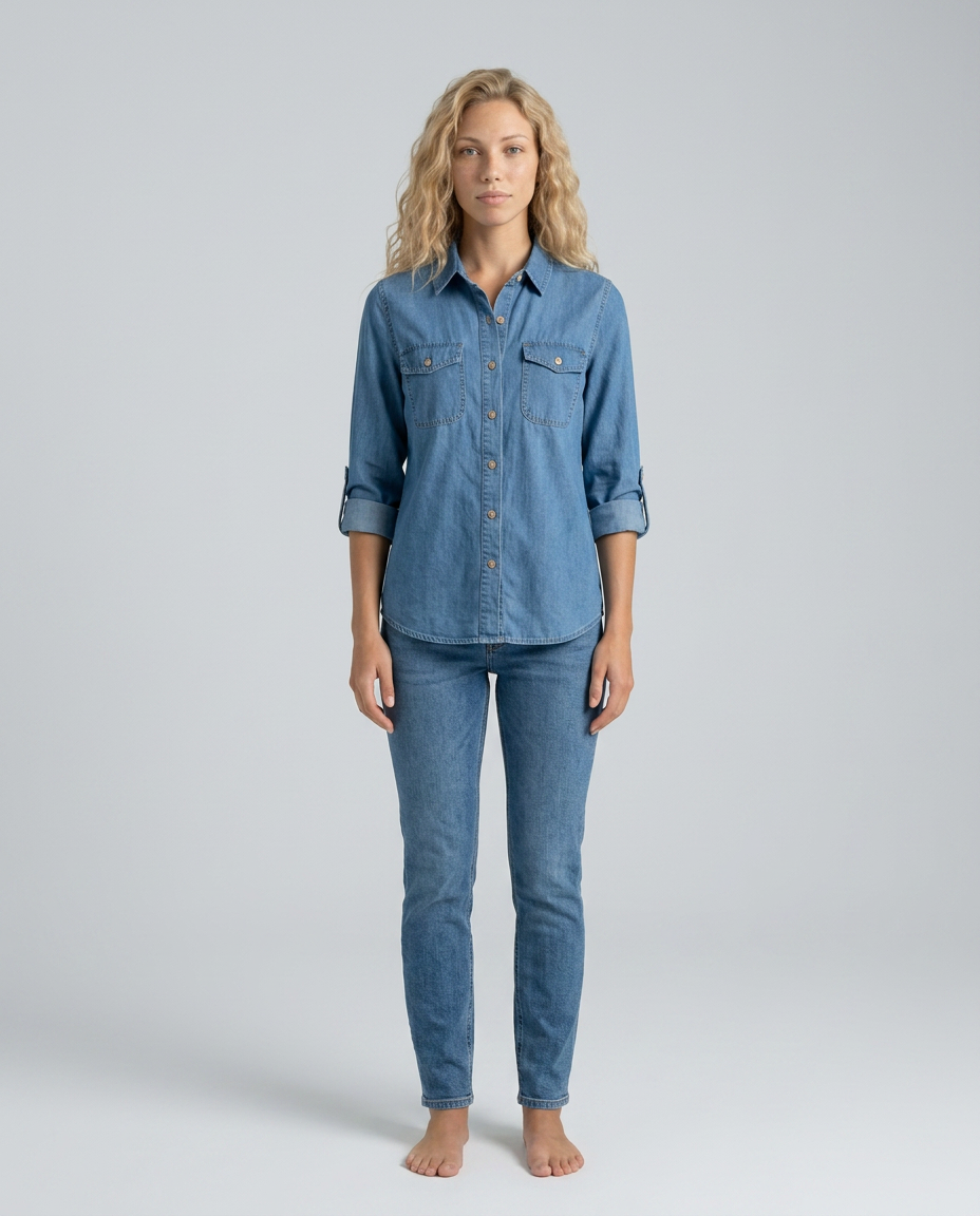 relaxed denim shirt with chest pockets, blue - worn view