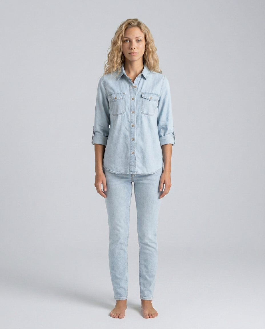 relaxed denim shirt with chest pockets, light blue - worn view