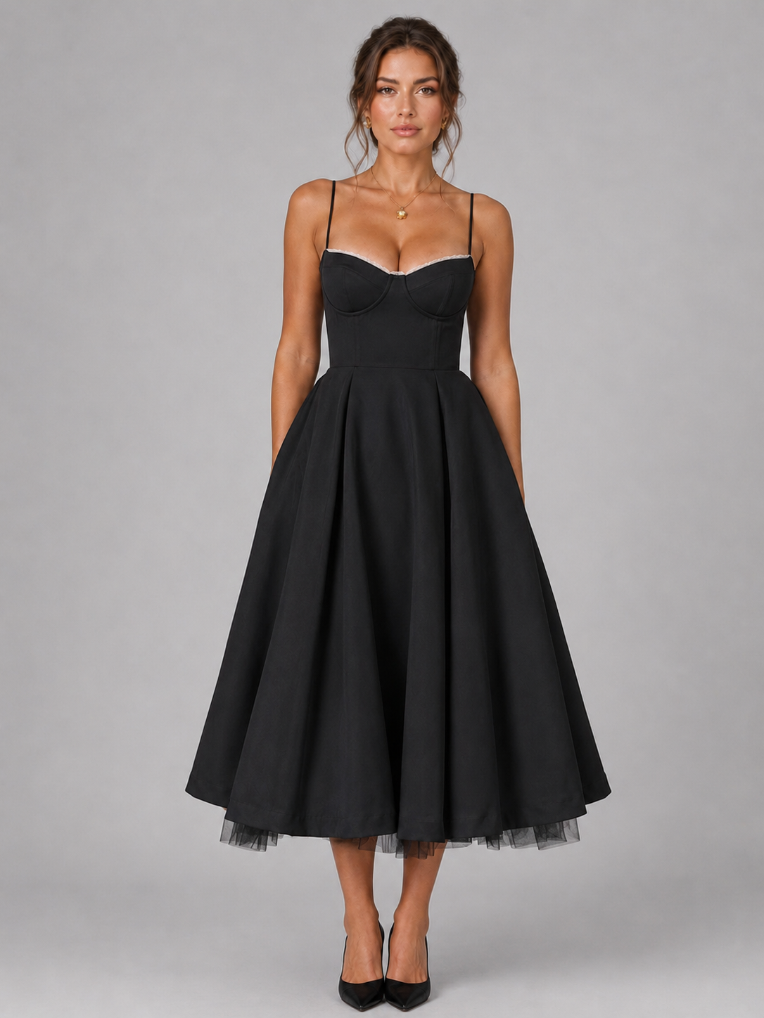 corset midi dress with full skirt, black - worn view