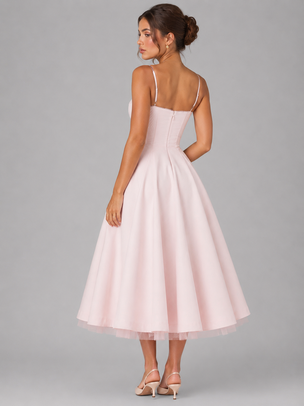 corset midi dress with full skirt, pink - worn view