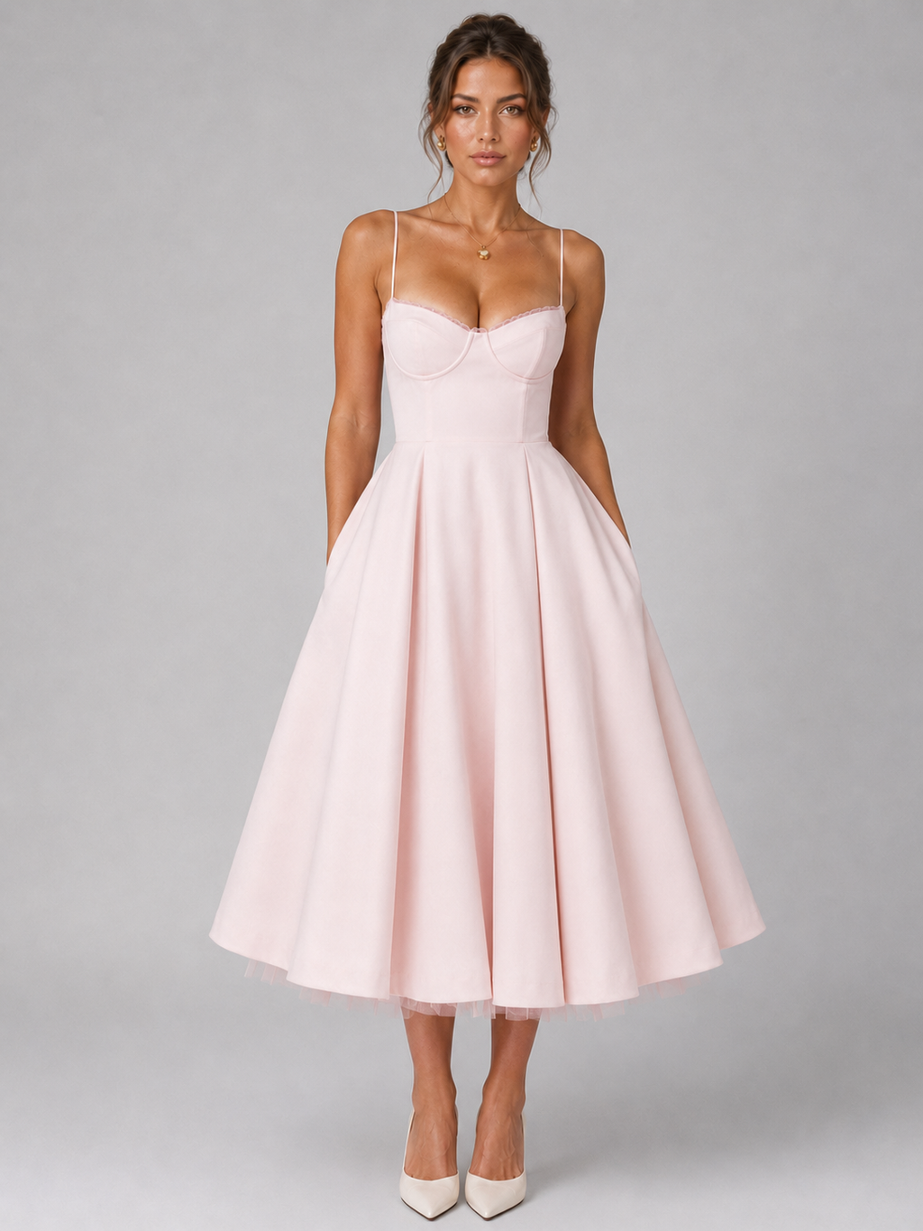 corset midi dress with full skirt, pink - worn view