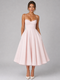 corset midi dress with full skirt, pink - worn view