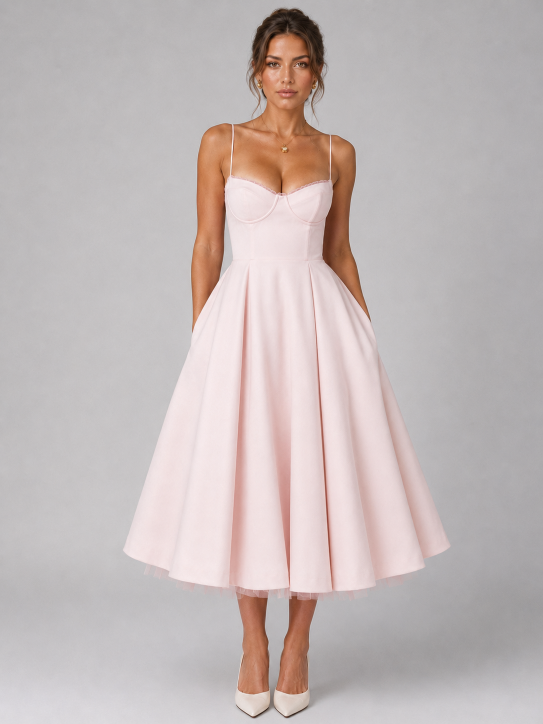corset midi dress with full skirt, pink - worn view