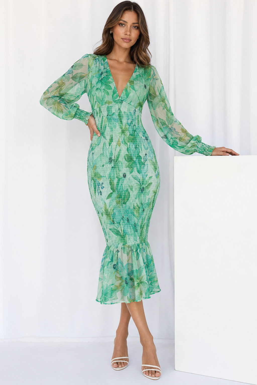 smocked floral midi dress, green - front view