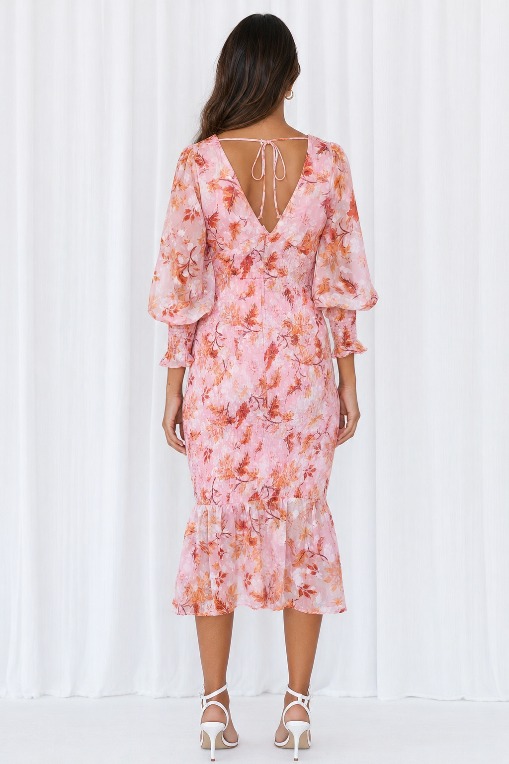 smocked floral midi dress, pink - worn, full-length view