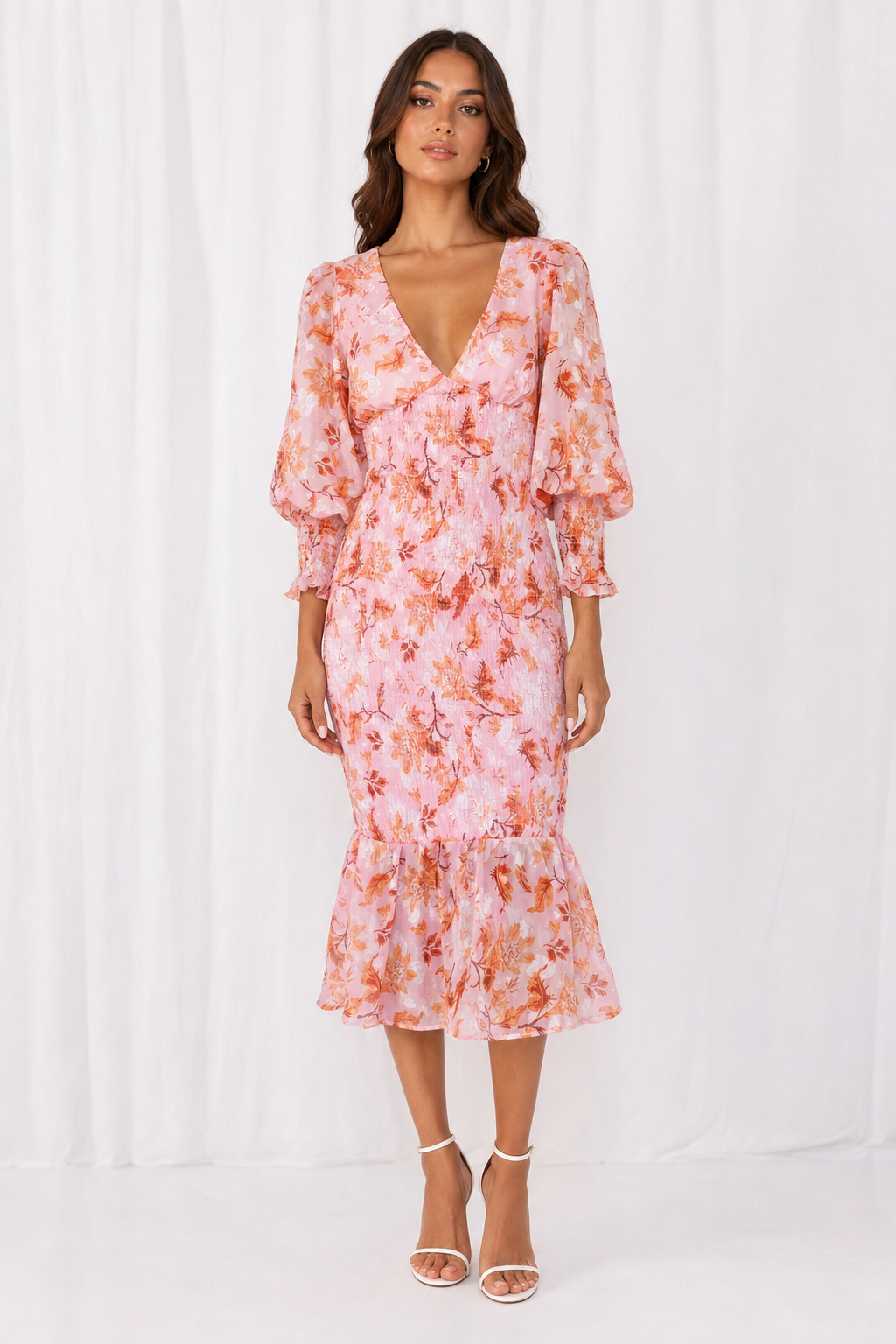 smocked floral midi dress, pink - front view