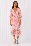 smocked floral midi dress, pink - front view