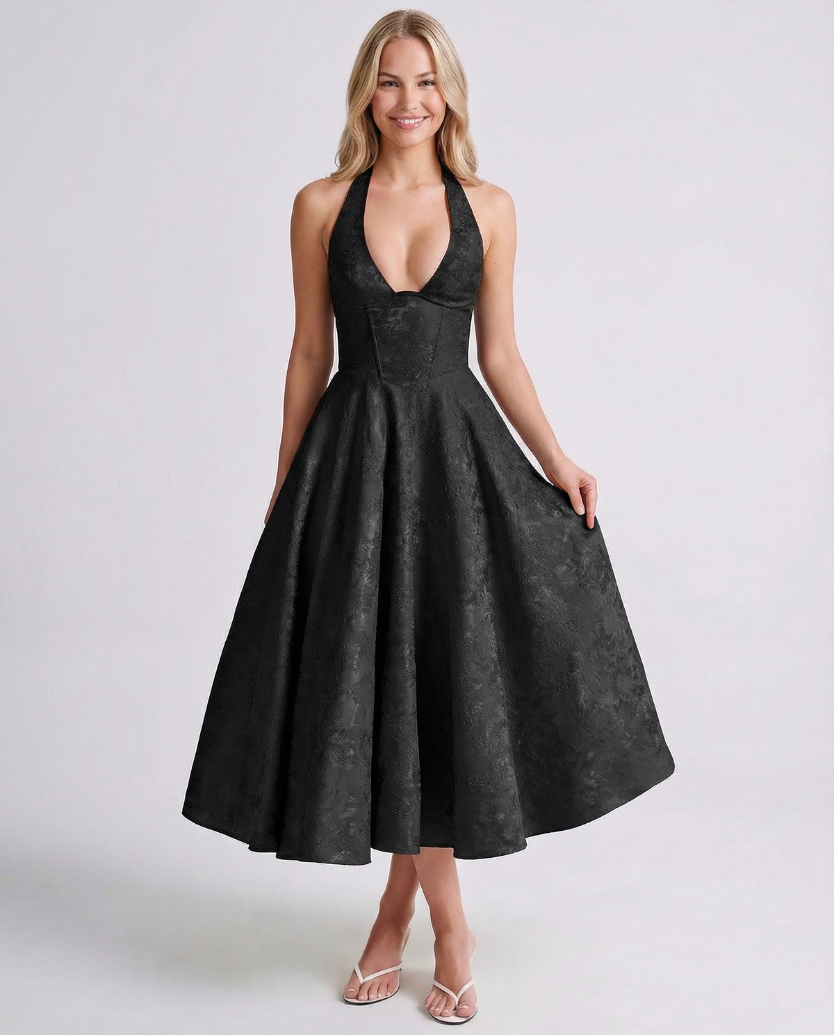plunge halter midi dress with corset bodice, black - worn view