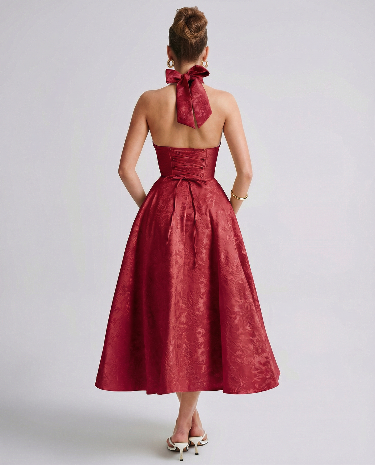 plunge halter midi dress with corset bodice, red - worn view