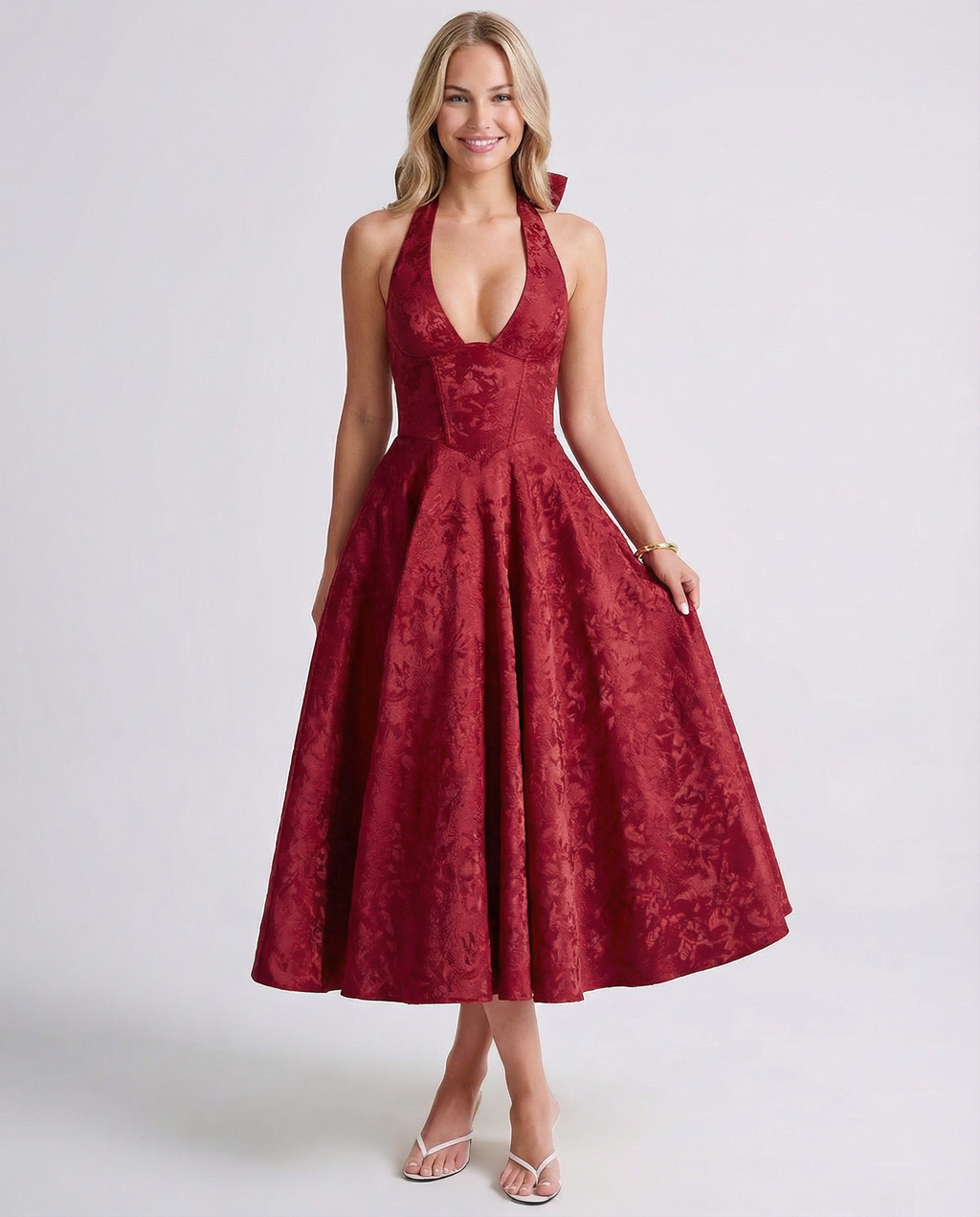 plunge halter midi dress with corset bodice, red - worn view