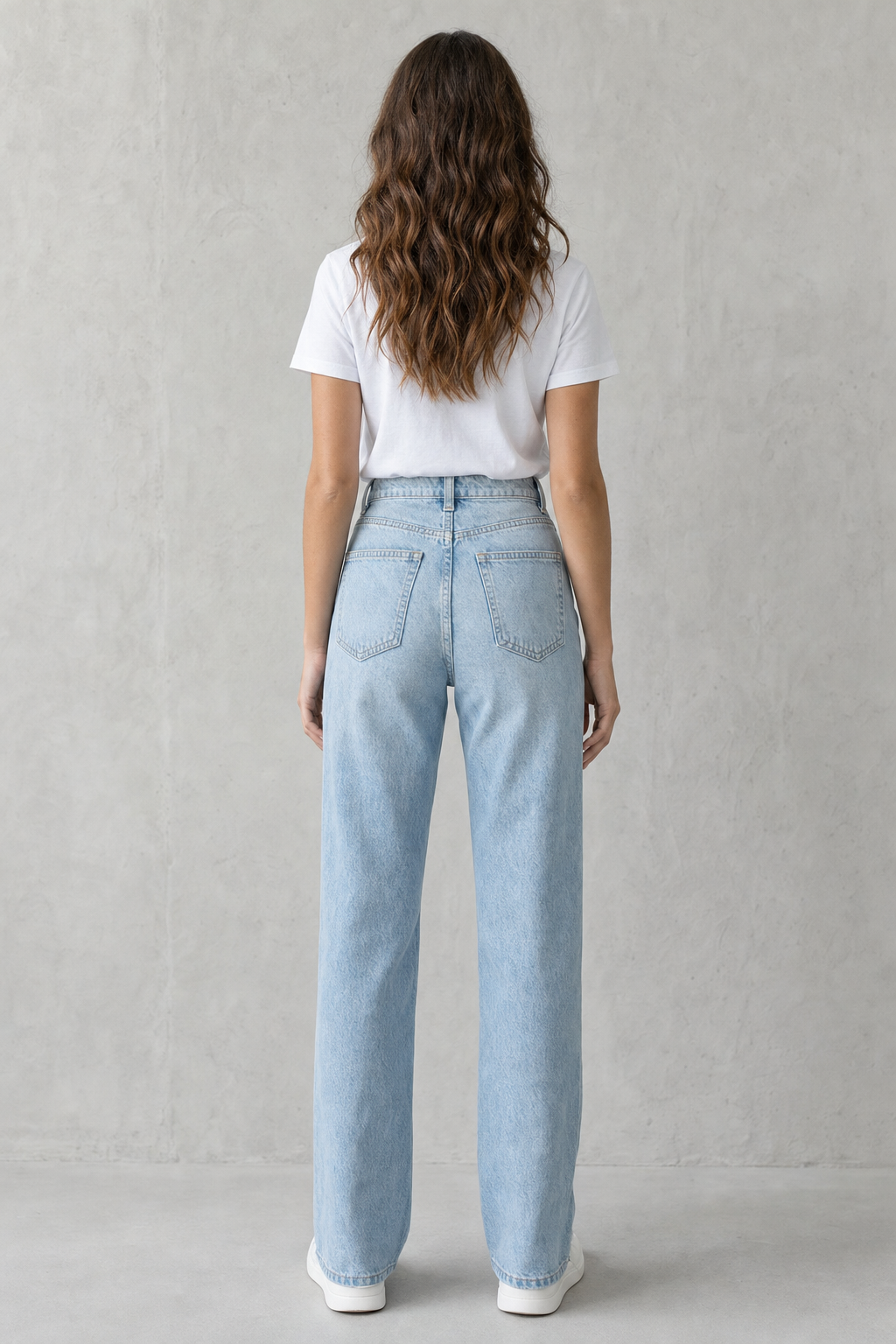 high-rise distressed straight-leg jeans, light blue - worn, full-length view