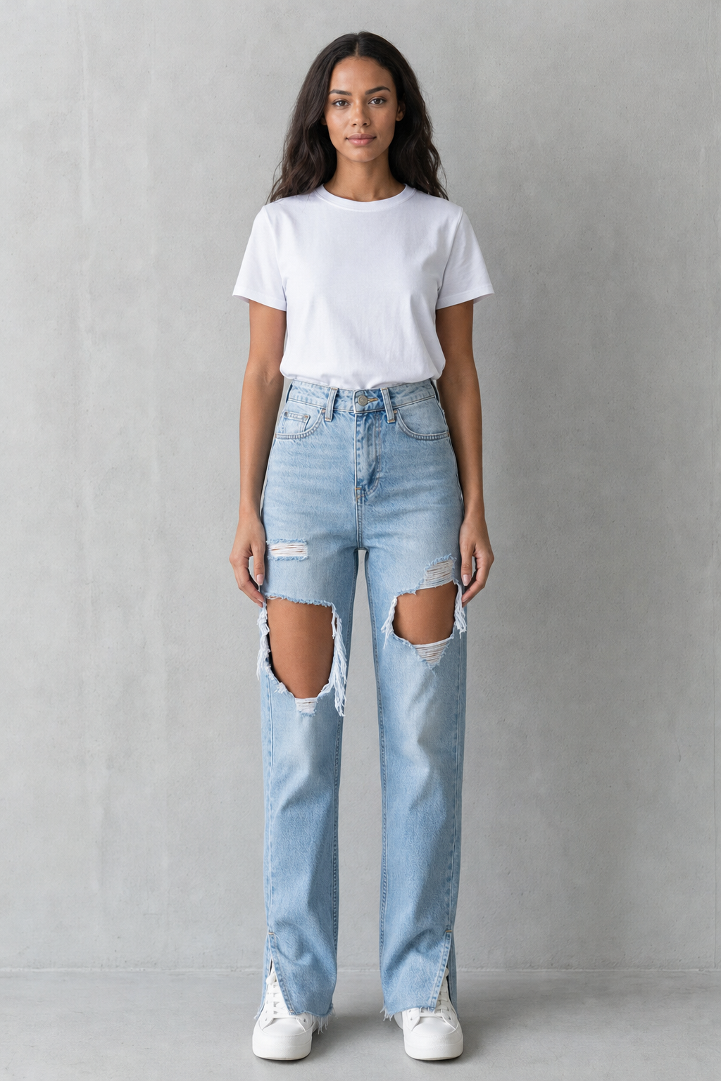 high-rise distressed straight-leg jeans, light blue - front view