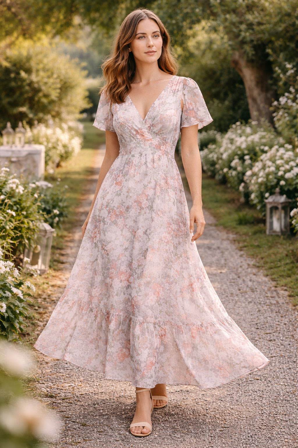 Woman wearing Voura floral maxi dress in Irish country garden golden hour light