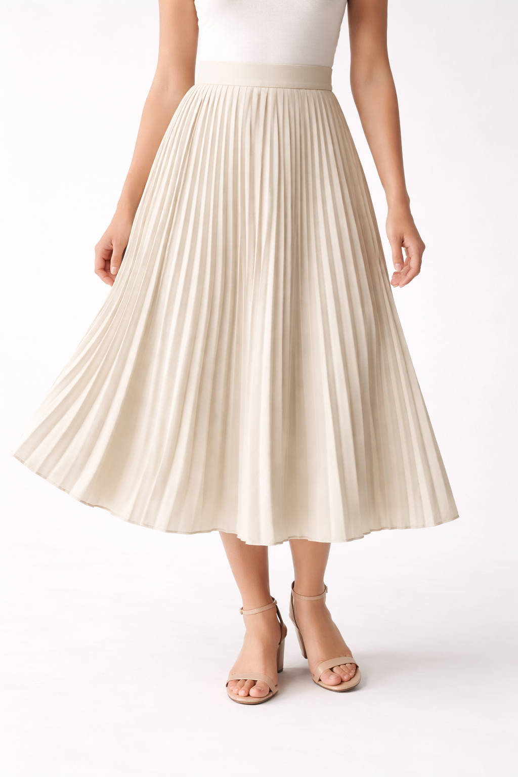 Vouraco sage green pleated midi skirt accordion pleat smart casual white background
