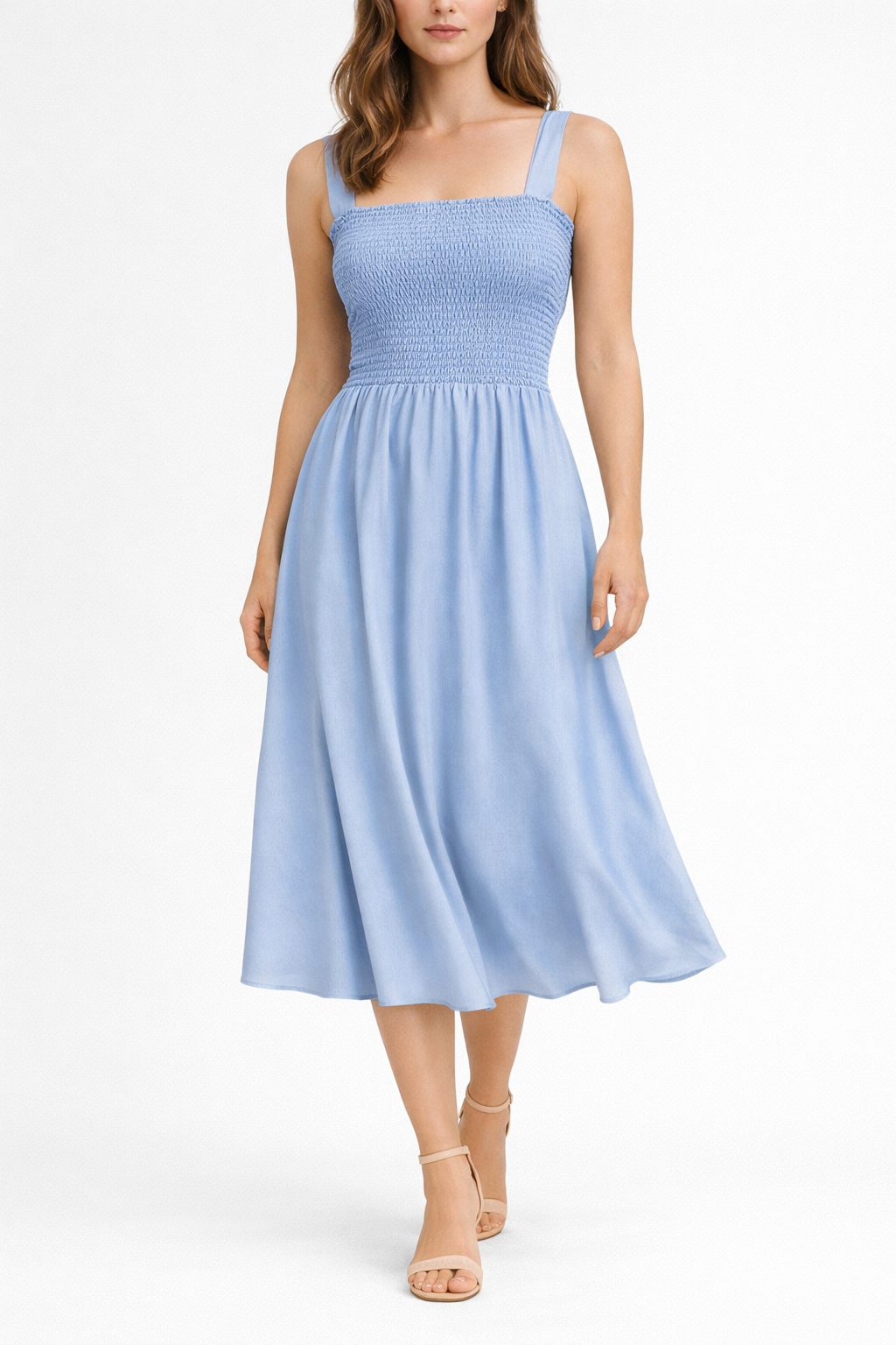 Voura cobalt blue smocked sundress square neckline white studio background