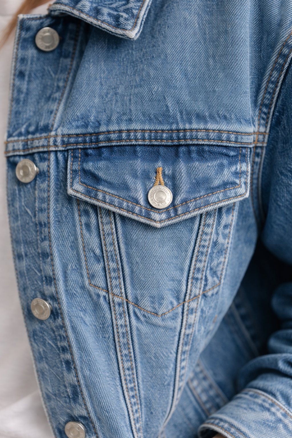 Close-up denim jacket chest pocket and button detail mid-blue weave texture