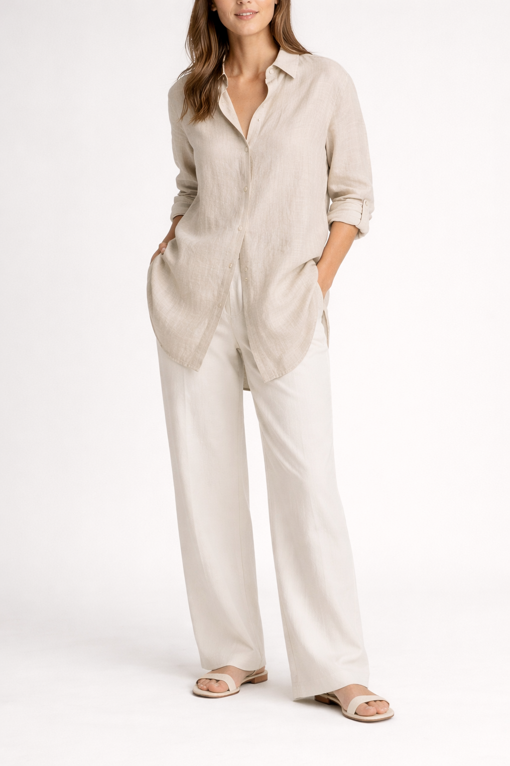 Vouraco oversized linen shirt oat longline fit white studio background