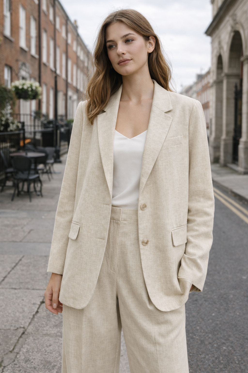 Woman wearing Voura oversized linen blazer walking Dublin city centre overcast light